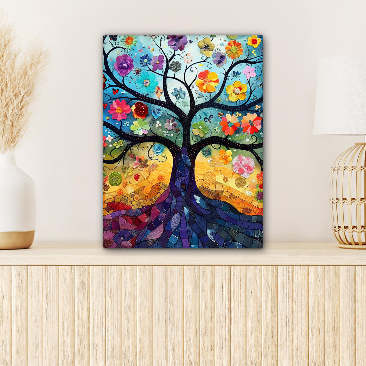 LEINWANDBILD Kunst - Baum des Lebens - Blumen - Hippie 30x40 cm - Dunkelblau, Textil (30/40cm) - MuchoWow