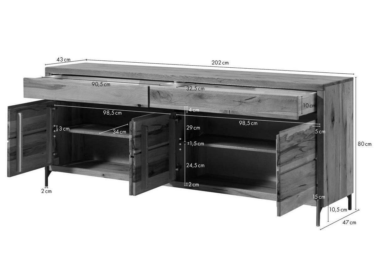 SIDEBOARD Wild-/Zerreiche 202x47x80 natur geölt MONTREUX LUX #101 - Braun, Holz (202/80/47cm) - Massivmoebel24