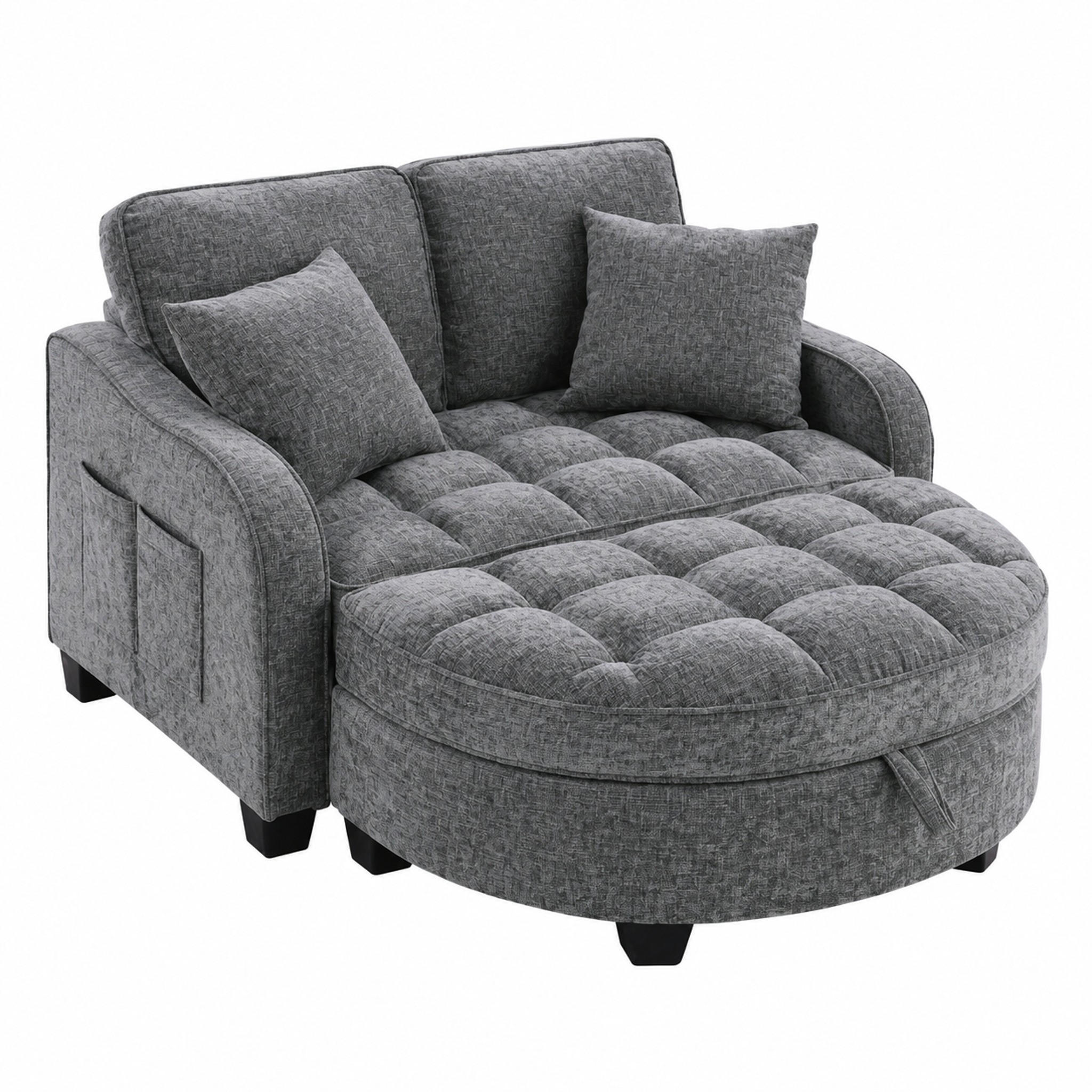 RÉCAMIERE 2-in-1 mit Hocker 132 x 129 x 93 cm Eukalyptusholz Dunkelgrau - Hellgrau, Holzwerkstoff (129/93/132cm) - Meubliv