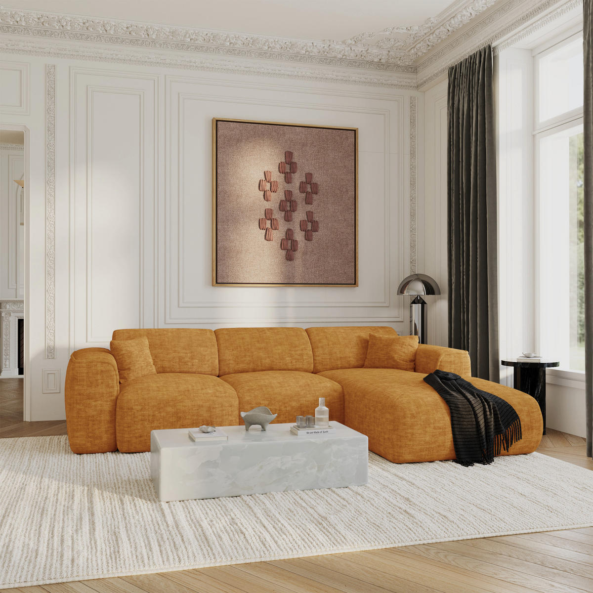 ECKSCHLAFSOFA Texturierter Samt Senf 283cm - Dunkelgelb, Textil (283/180cm) - Sia Home
