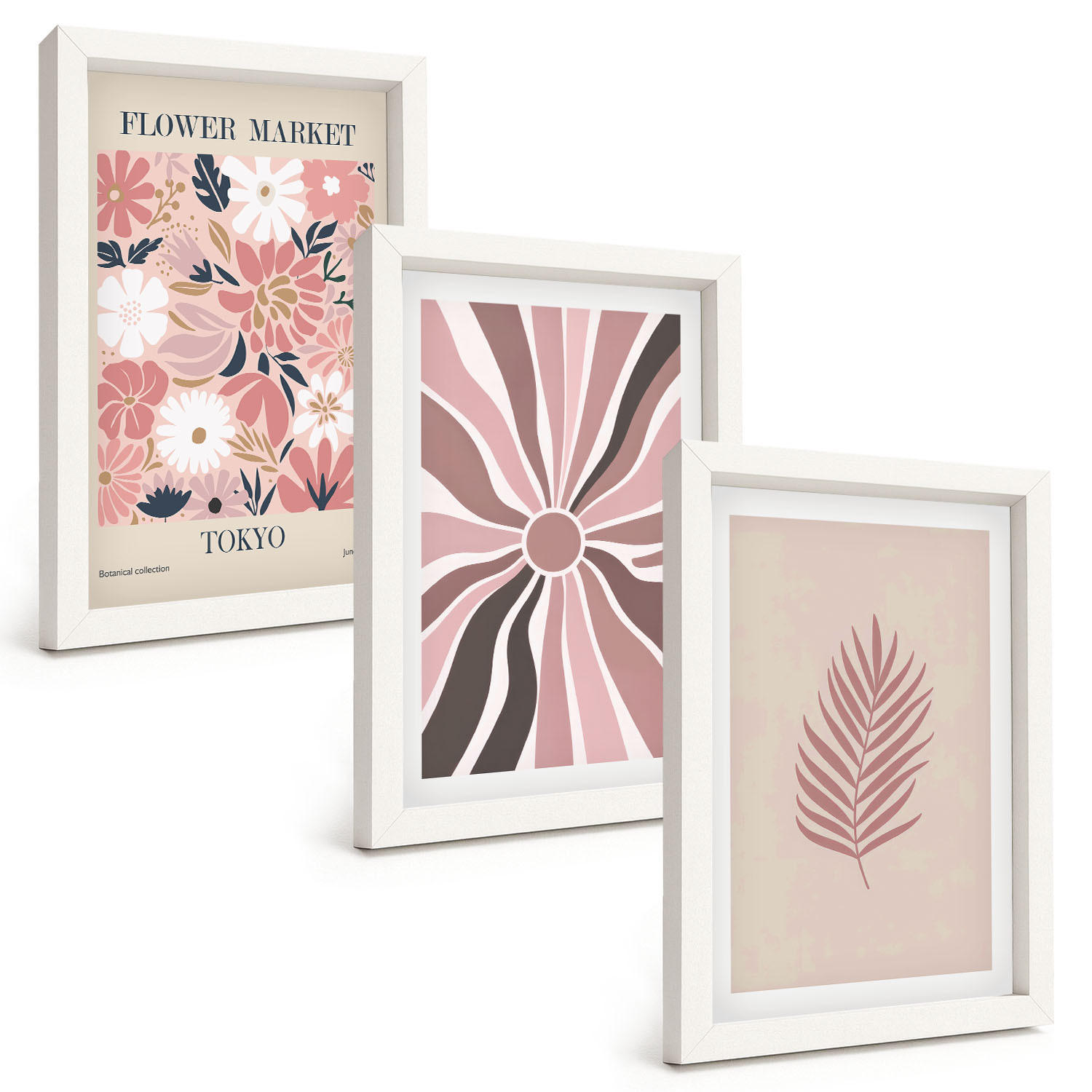 BILDER SET 3er Set - 20x30 cm Weißer Rahmen - Florale Blattmuster und Geometrie - Weiß, Kunststoff (20/30cm) - TULUP