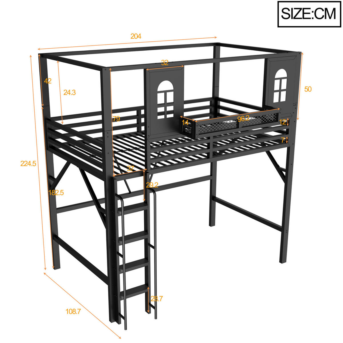 HOCHBETT aus Metall und MDF 90x200 cm Schwarz mit Dachdesign, Leiter und Ablagefach - Schwarz, Metall (90/200cm) - Modfu