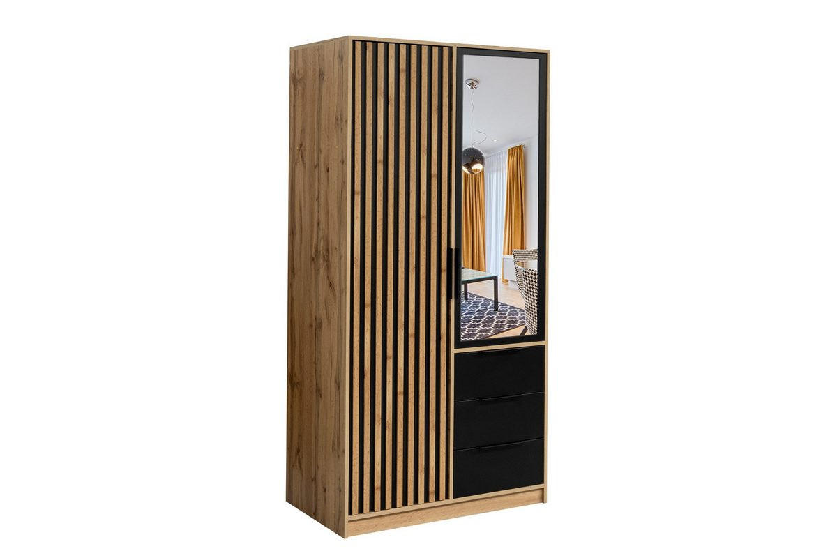 Deine Möbel 24 Drehtürenschrank Schwarz, Eiche Wotan 100x200x58 cm