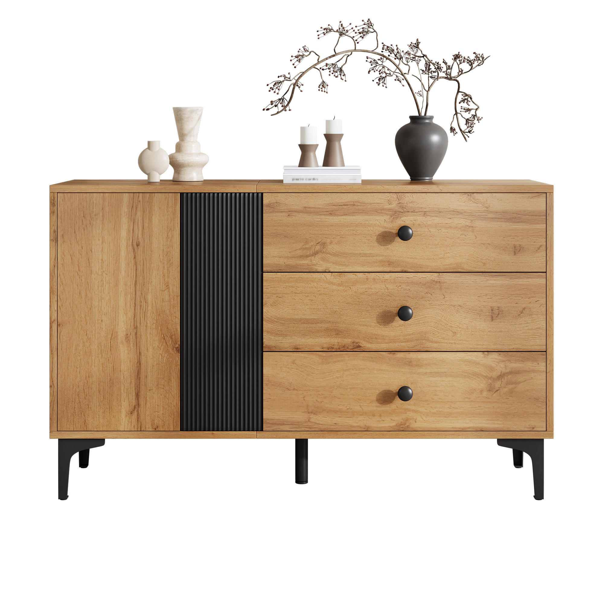 SIDEBOARD 120/35/76 cm aus Holzwerkstoff mit 1 Tür, 3 Schubladen und Metallfüßen Natur/Schwarz - Schwarz, Holzwerkstoff (120/76/35cm) - Modenvie