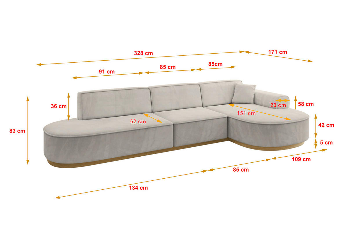 ECKSOFA Ottomane Rechts MARI-L2-v2 - 328x171x83 cm Hellbraun Velours - Hellbraun, Holzwerkstoff/Textil (171/328cm) - ALTDECOR