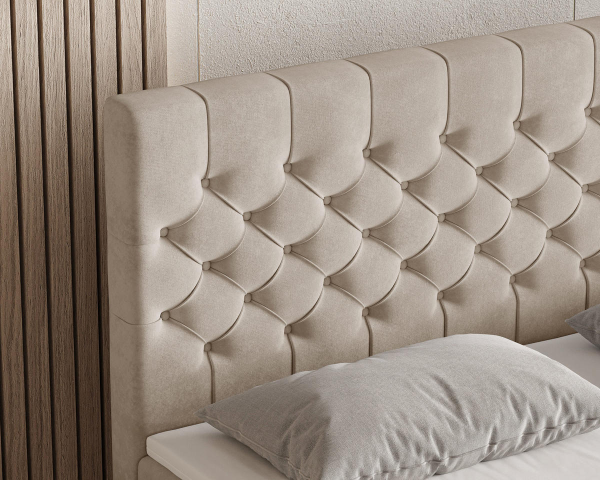 BOXBETT 12 140 x 200 cm - Manila - Modernes Polsterbett mit Bettkasten inkl. PU-Schaum-Topper und Federmechanismus - Beige, Holz (140/200cm) - ROYAL24_MARKT
