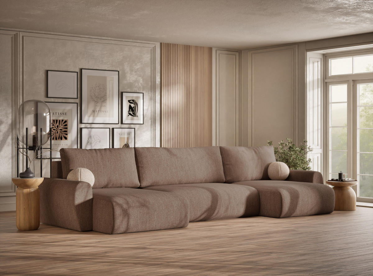 WOHNLANDSCHAFT MIT SCHLAFFUNKTION Numba Hellbraun Webstoff - Hellbraun/Schwarz, Holz/Holzwerkstoff (397/70/153cm) - Maison de Reve