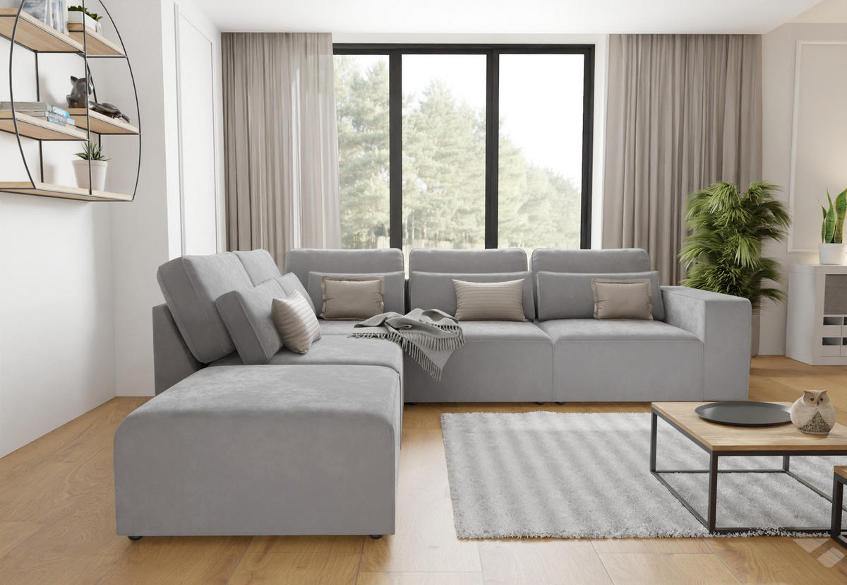 ECKSOFA modularer Leox Hellgrau Samt-Stoff - Hellgrau/Schwarz, Kunststoff/Textil (305/281cm) - S-Style Möbel
