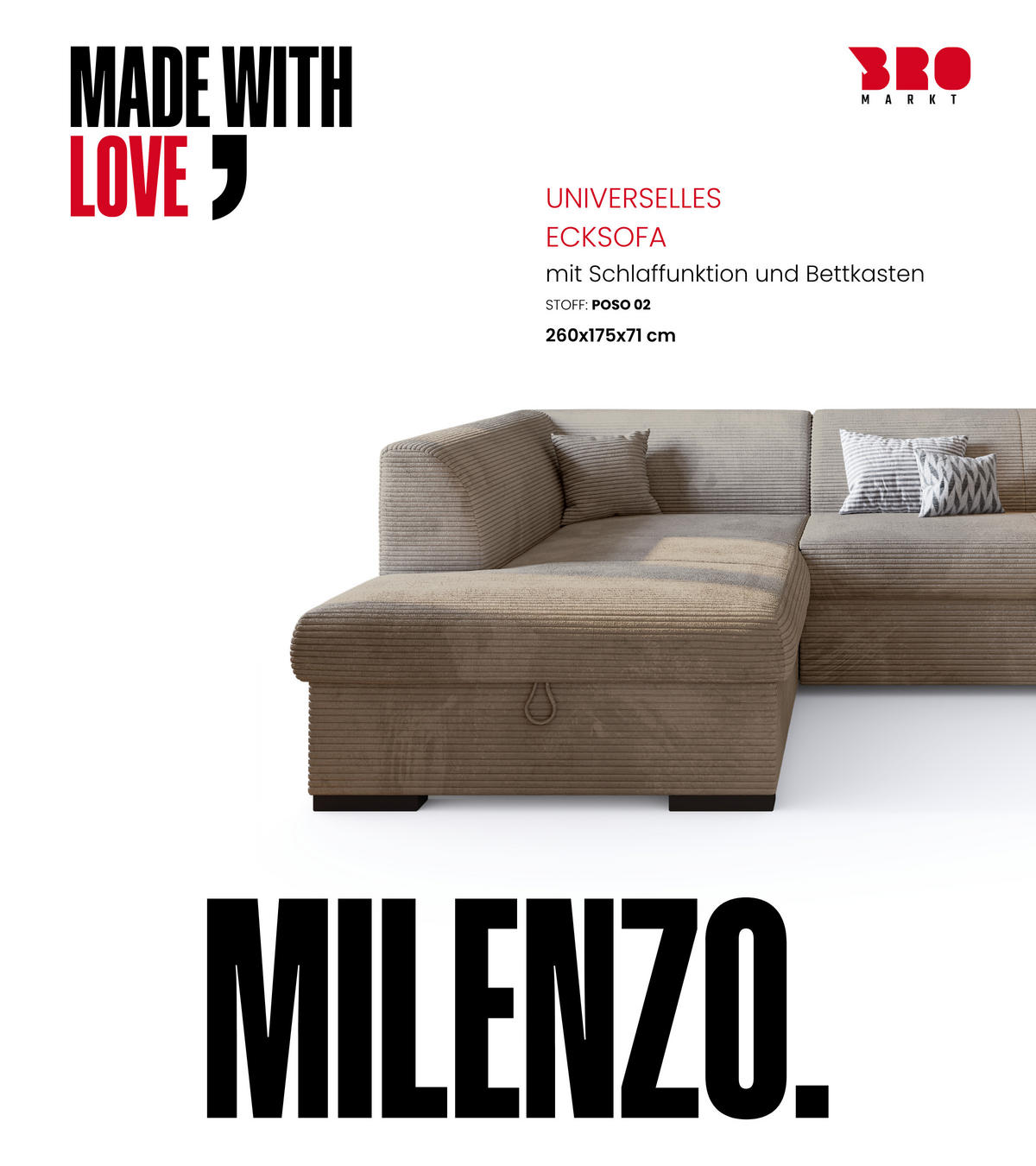 ECKSOFA mit Schlaffunktion Cordstoff MILENZO Beige Links - Beige, Holz (260/175cm) - Bromarkt