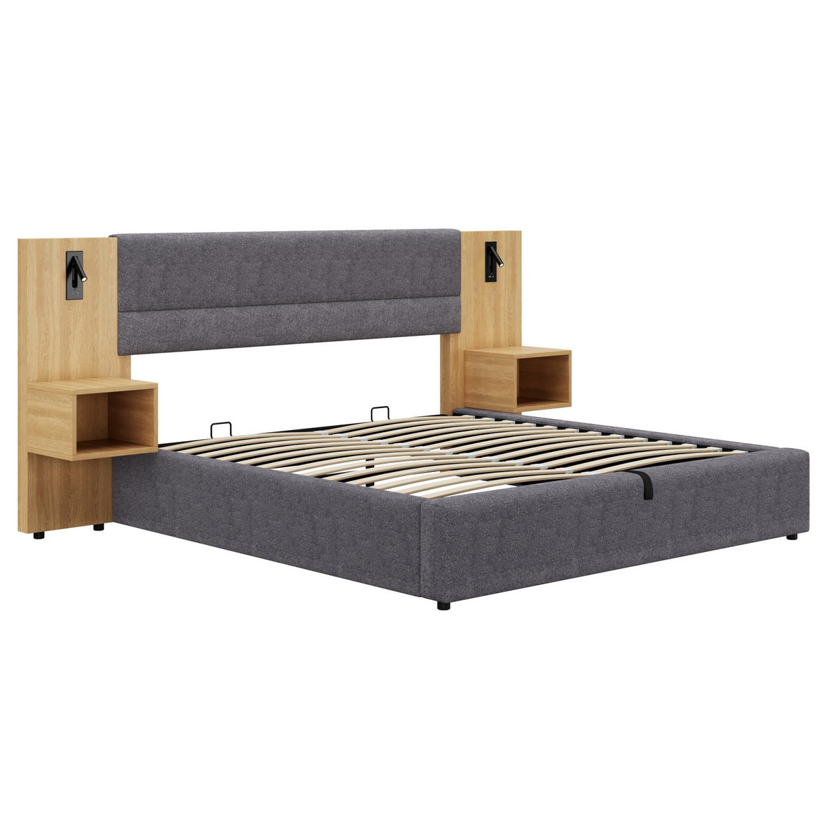 POLSTERBETT 160/200 cm mit USB-A/USB-C, Beleuchtung, hydraulischem Bettkasten und 2 Nachttischen, Natur/Grau - Grau, Textil (160/200cm) - Redom