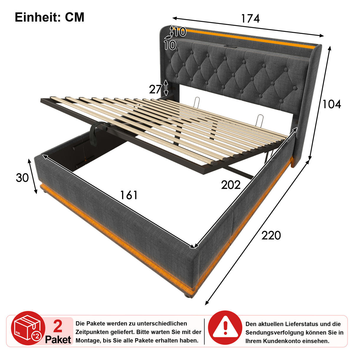 ČALOUNĚNÁ POSTEL 160 × 200 cm v šedém lnu s úložným prostorem, LED osvětlením a USB/USB-C - šedá, kov/kompozitní dřevo (160/200cm) - WISHDOR