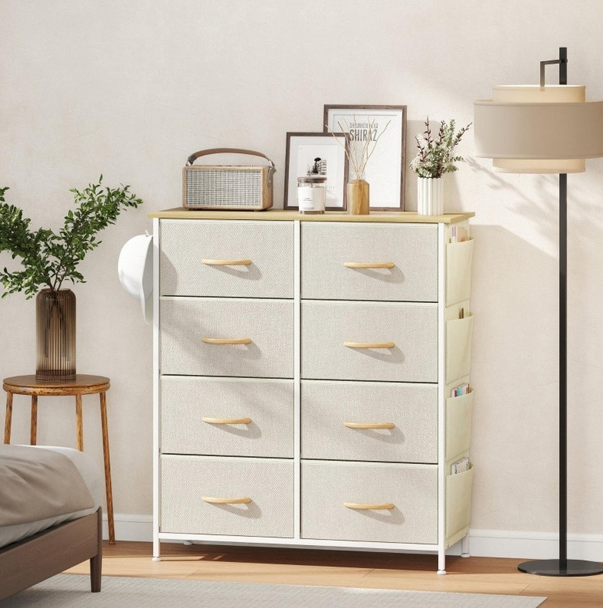 KOMMODE 30/86/94,5 cm mit 8 Stoffschubladen, Seitentaschen und Haken, Stahlgestell, Beige - Beige, Metall (86/94.5/30cm) - Redom