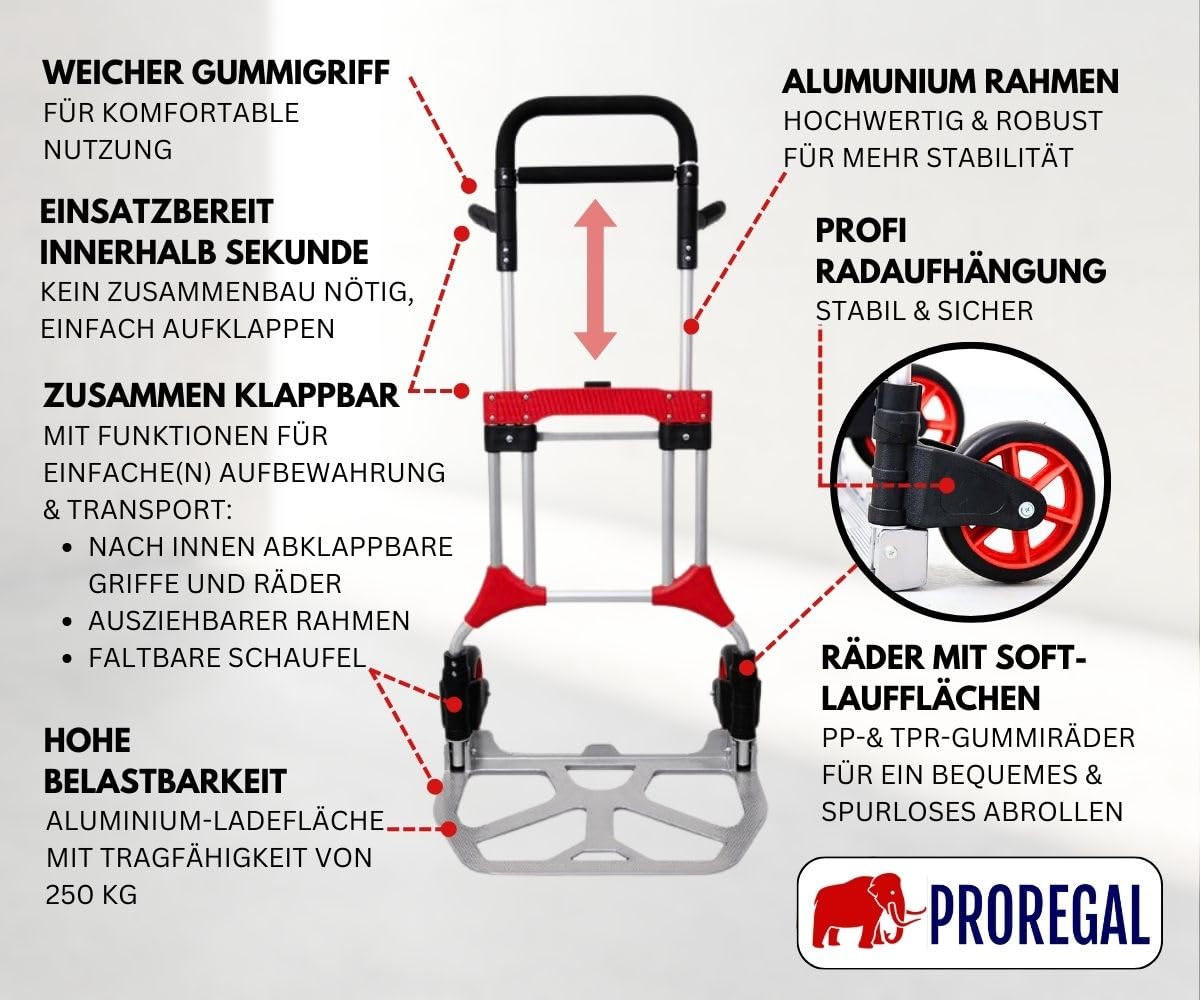 SACKKARRE Elephant 124x60x61cm Traglast 250kg Aluminiumrahmen Schwarz-Rot-Silber - Schwarz, Metall (61/60/124cm) - PROREGAL