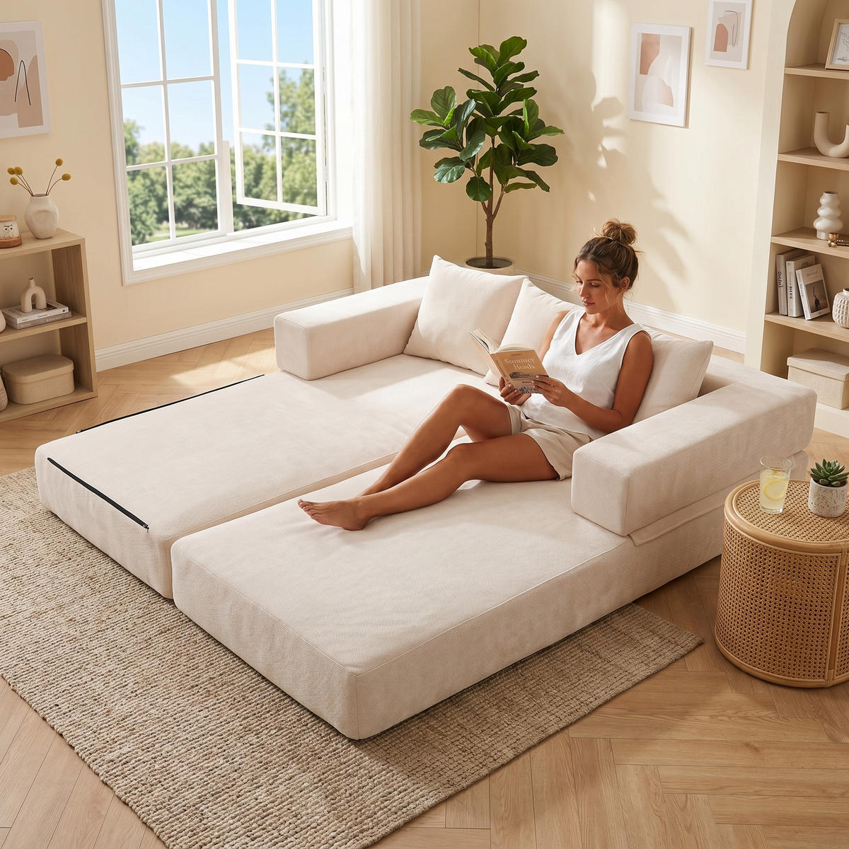 SCHLAFSOFA, Klappbares Bodensofa, Modulares Polstersofa Chenille, Beige - Beige, Textil (79/60/198cm) - LVHOM