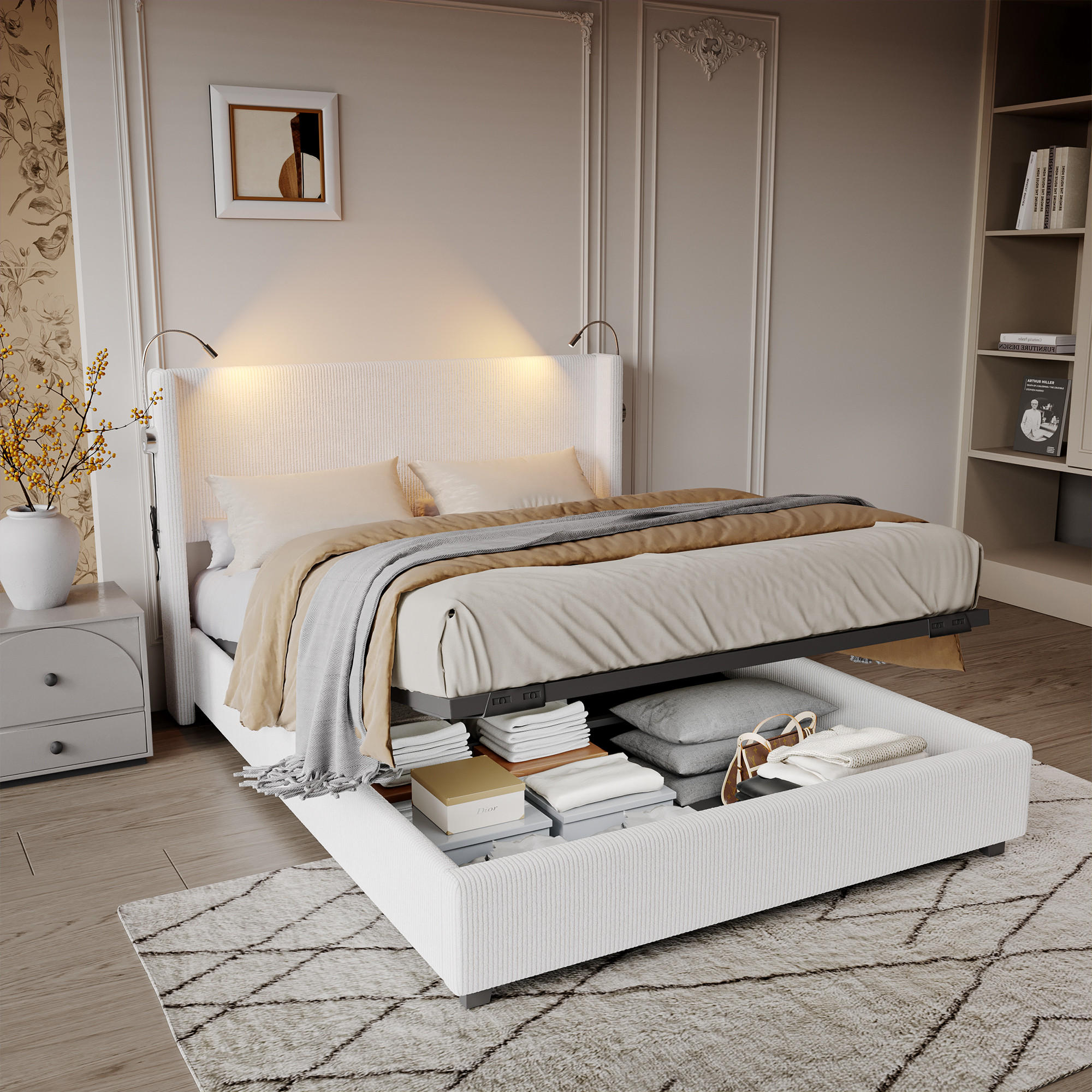 POLSTERBETT 140x200 cm, Beige, Leselichte - Beige, Textil/Metall (140/200cm)