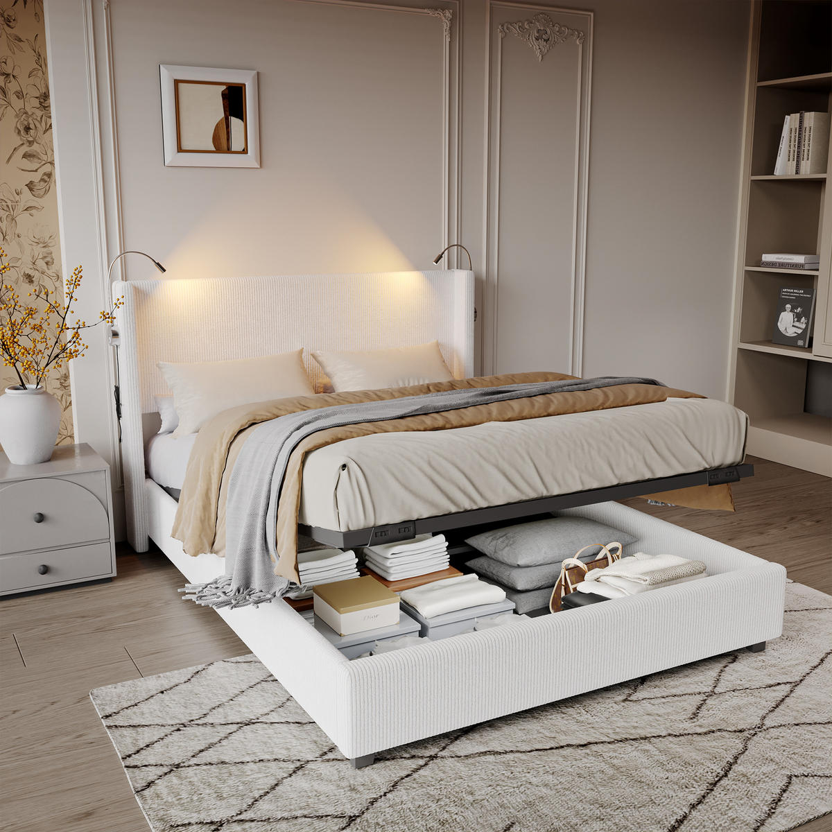 POLSTERBETT 140x200 cm, Beige, Leselichte - Beige, Textil/Metall (140/200cm)