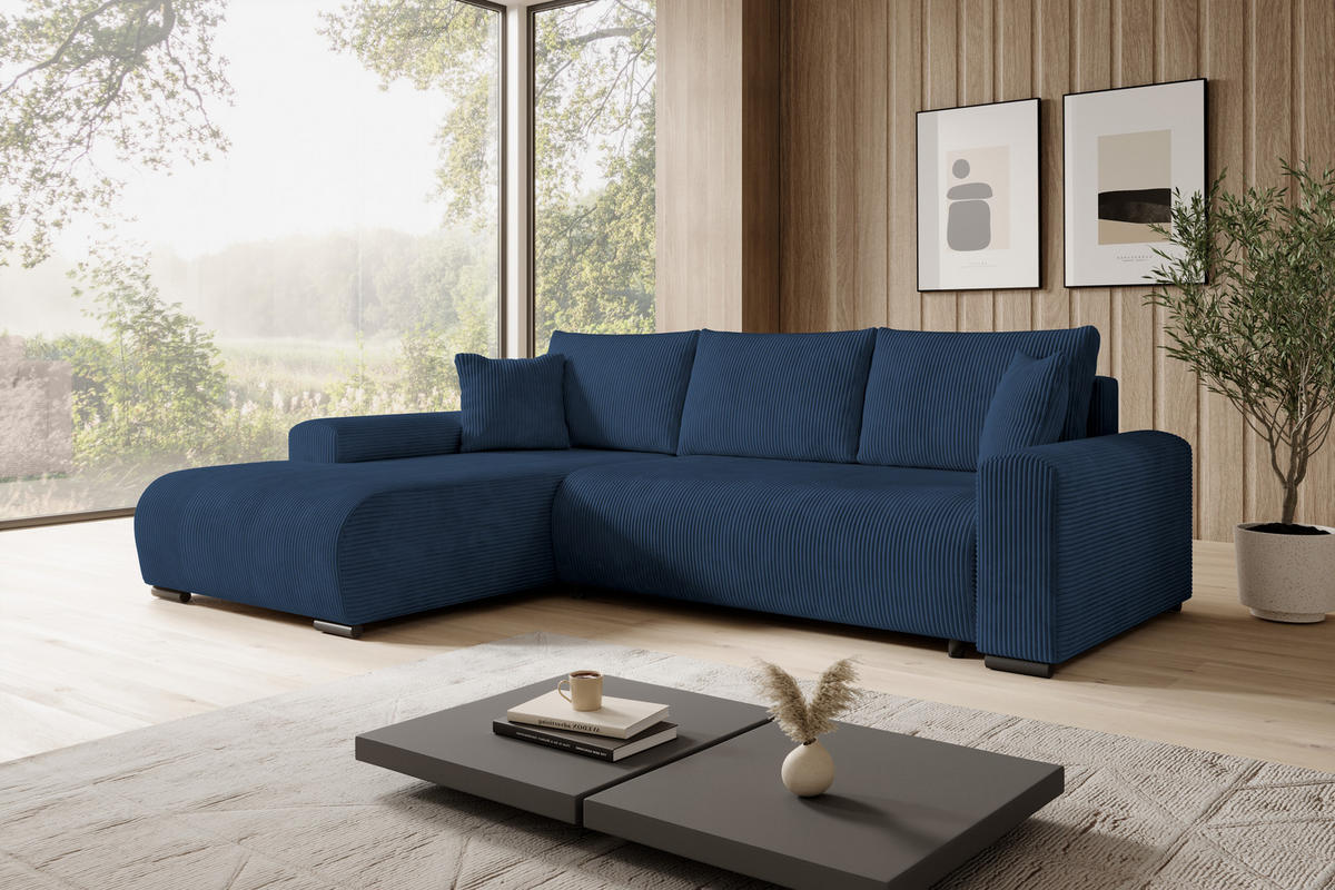 ECKSOFA Nelly mit Bettkasten und Schlaffunktion, Cordstoff in L-Form - Blau, Textil (270/185cm)