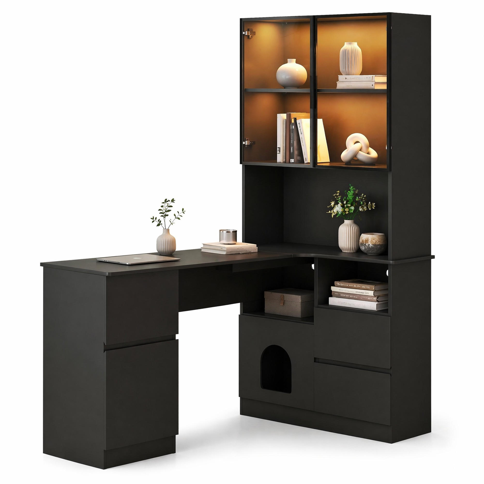 SCHREIBTISCH in Schwarz Eckschreibtisch mit Regal und LED-Vitrine für Wohnzimmer und Schlafzimmer, B120/T80/H180 cm - Schwarz, Holzwerkstoff (80/120/180cm) - STILVORA