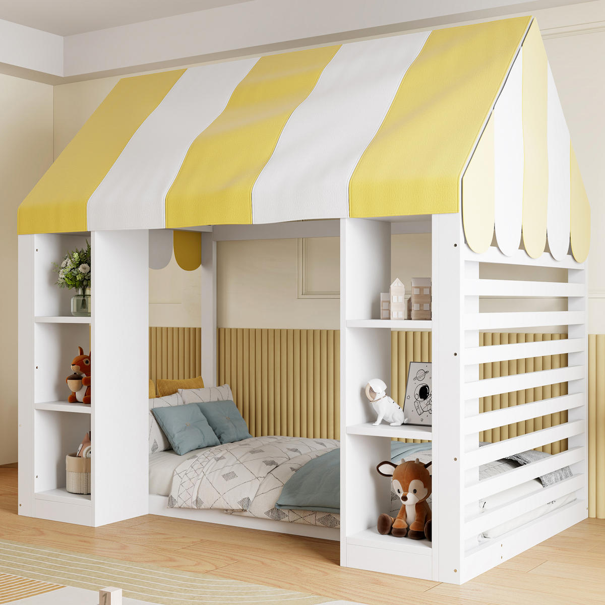 HAUSBETT 90/200 cm mit Himmelbett und Stauraum, DE-41618, in Weiß - Weiß, Holzwerkstoff (90/200cm) - ComfortXL