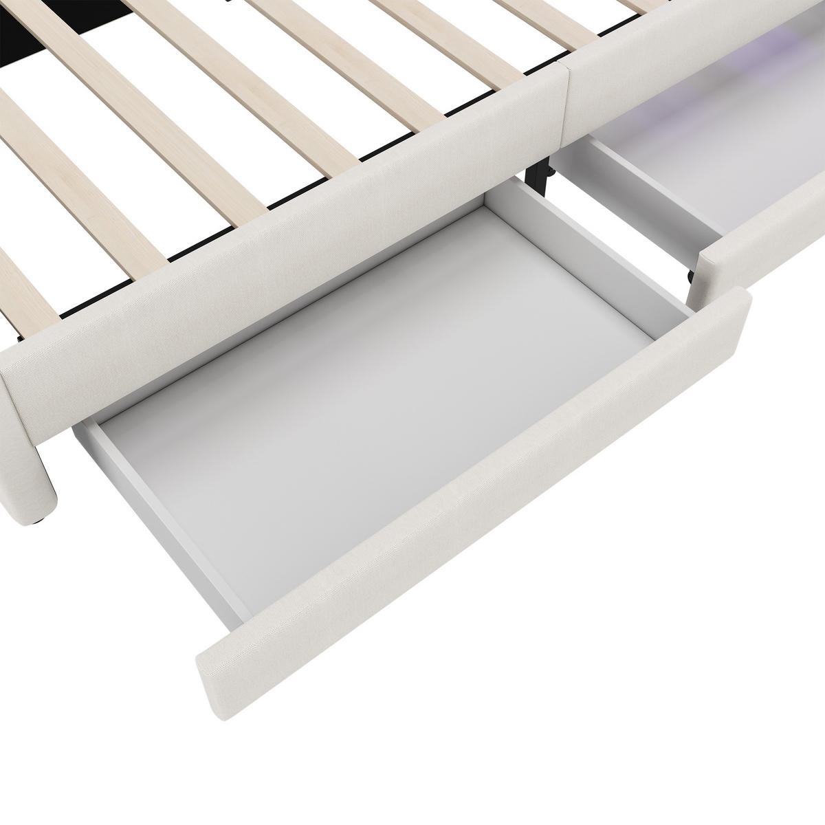 TAGEBETT 90x200cm Beige Leinen Ablagefach 2 Schubladen USB-C LED-Licht - Beige, Holz (90/200cm) - FLIEKS