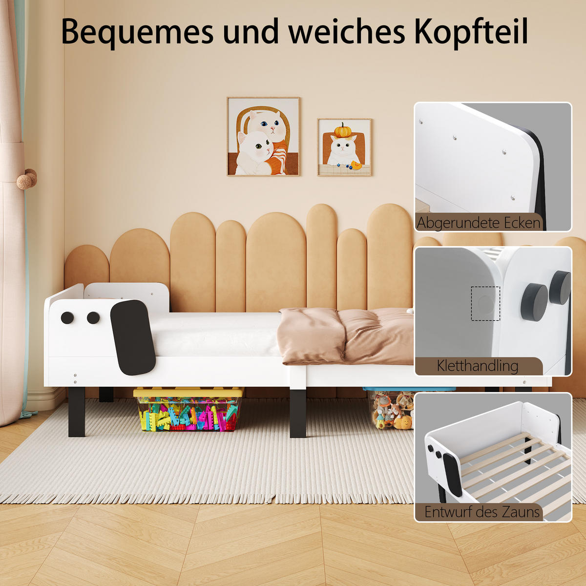 KINDERBETT 90×200 cm Hundemotiv – Weiß, Modernes Kinderbett mit Kopfteil & Seitenschutz - Weiß, Holz