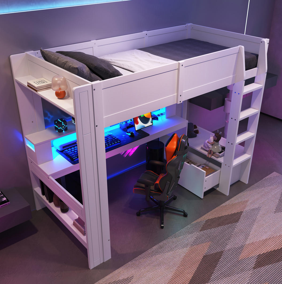 HOCHBETT 90/200 cm mit Schreibtisch, Regal, Schublade und LED-Beleuchtung aus Kiefernholz, Weiß - Weiß, Holz (90/200cm) - Redom