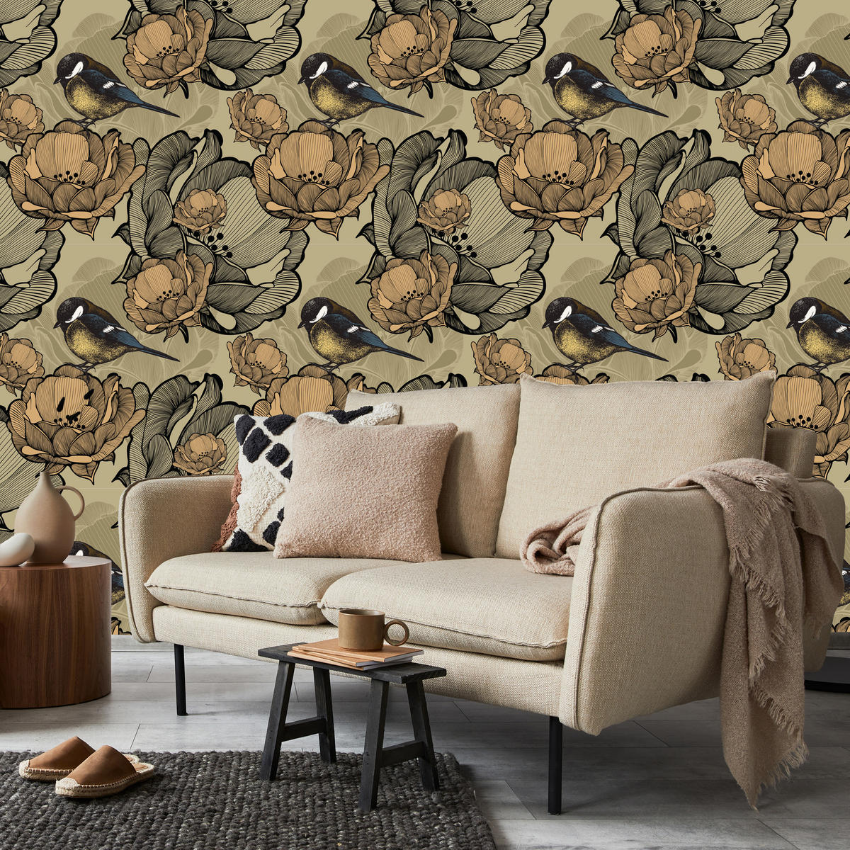 VLIESTAPETE Vögel und Vintage-Blüten – Beige, Braun, Schwarz – 50x1000 cm - Beige/Schwarz, Papier (50/1000cm) - Muralo