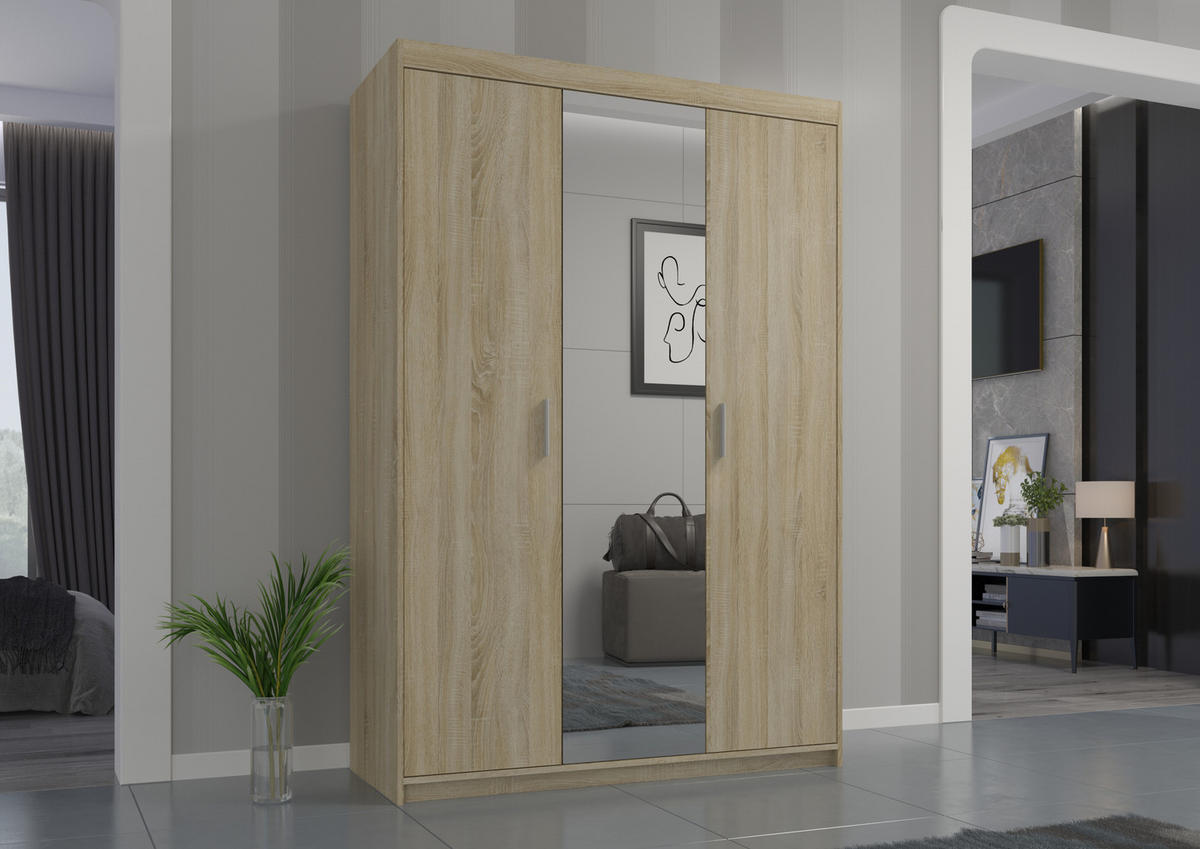 KLEIDERSCHRANK Storicos Sonoma Eiche 133/190,5/53 cm - Modern mit Spiegel 3-türig - Beige, Holzwerkstoff/Kunststoff (133/190.6/53cm) - AX Living