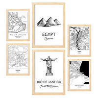 POSTER Set Mit 6 Drucke Von Südafrika Von Karten In Schwarz Weiß A3 & A4 Rahmen Aus Hellem Holz - Beige, Papier (29/3cm) - Nacnic