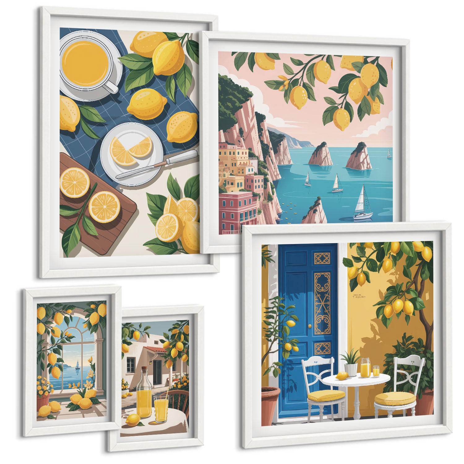 BILDER SET 5er Set - 50x50 cm & 20x30 cm & 40x60 cm Weißer Rahmen - Berge, rosa Himmel, Wasser, Sukkulente - Weiß, Kunststoff (40/60cm) - TULUP