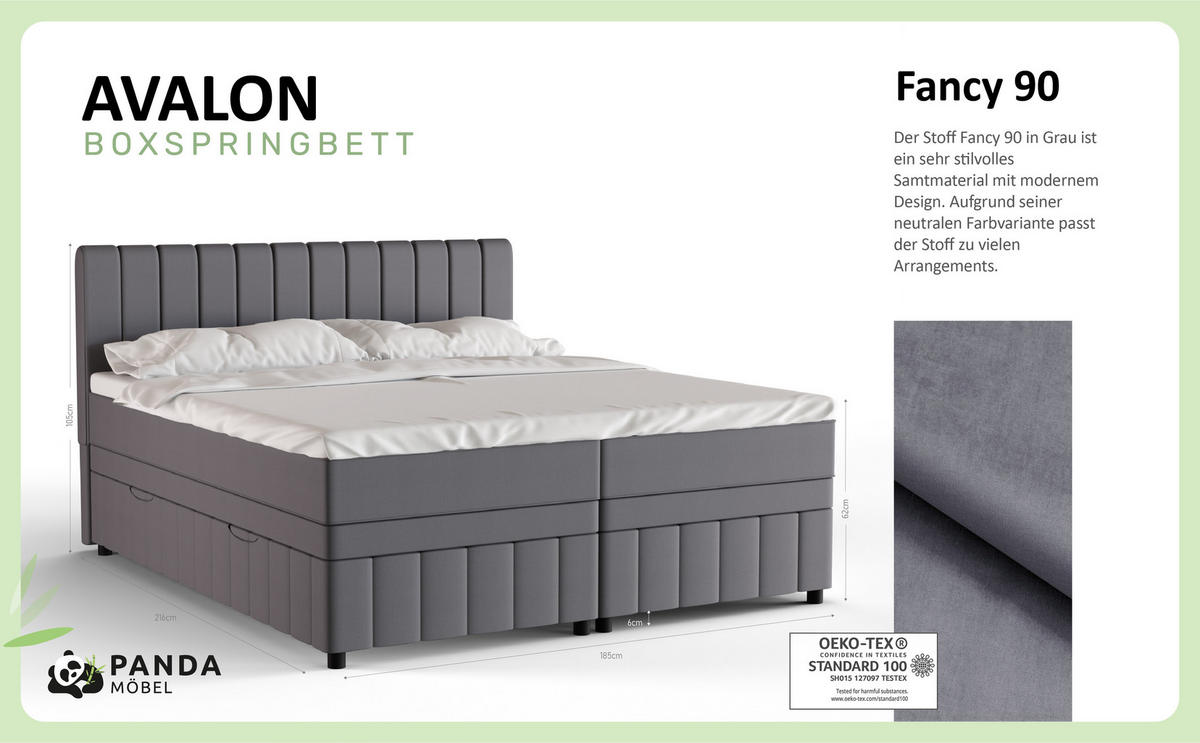 BOXBETT AVALON 180 x 200 cm mit Bettkasten und Topper - Dunkelgrau - Dunkelgrau, Holz - Panda Möbel