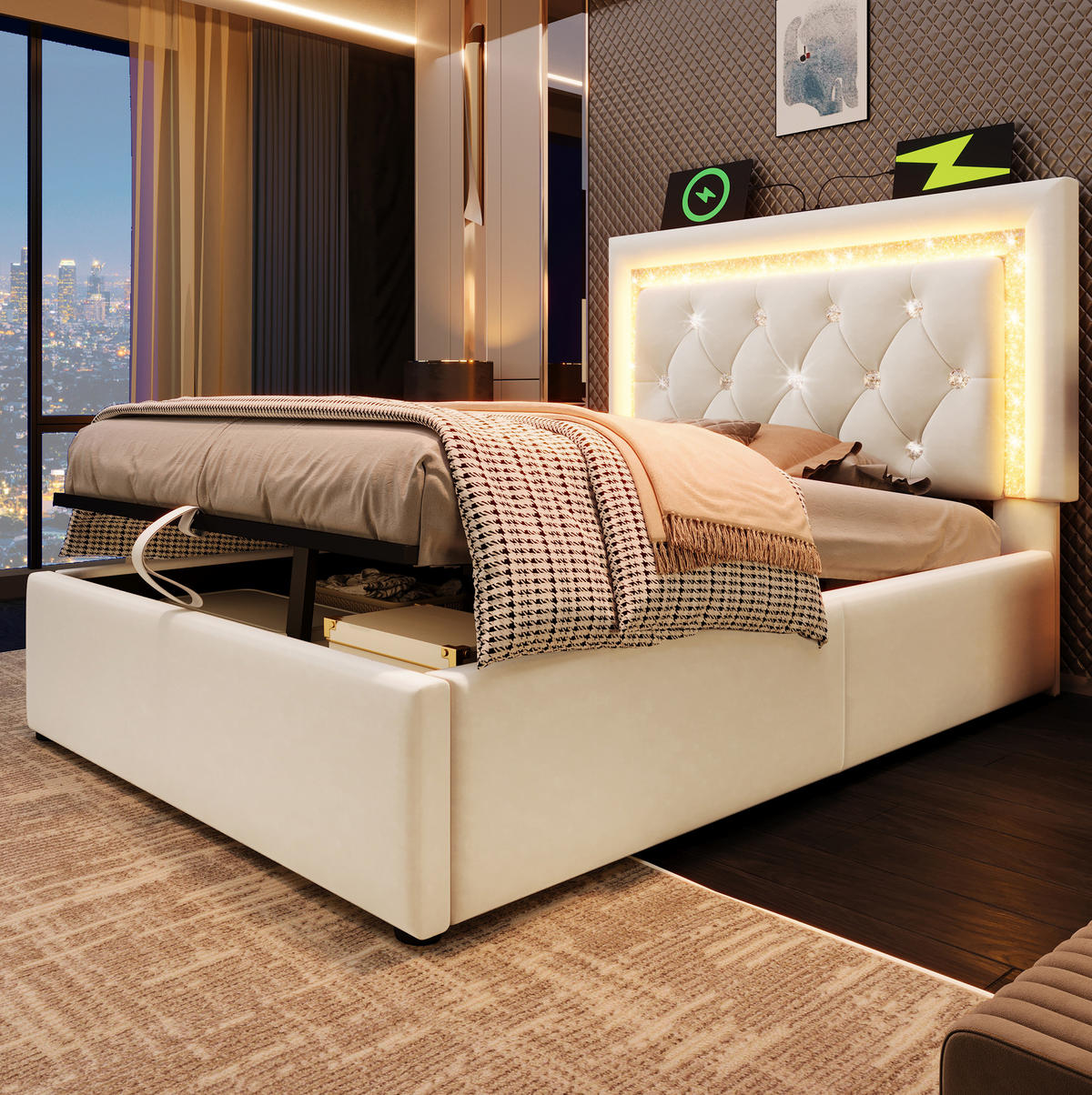 POLSTERBETT 90/200 cm Beige mit LED-Beleuchtung und Bettkasten aus Samt - Beige, Textil (90/200cm) - OKWISH