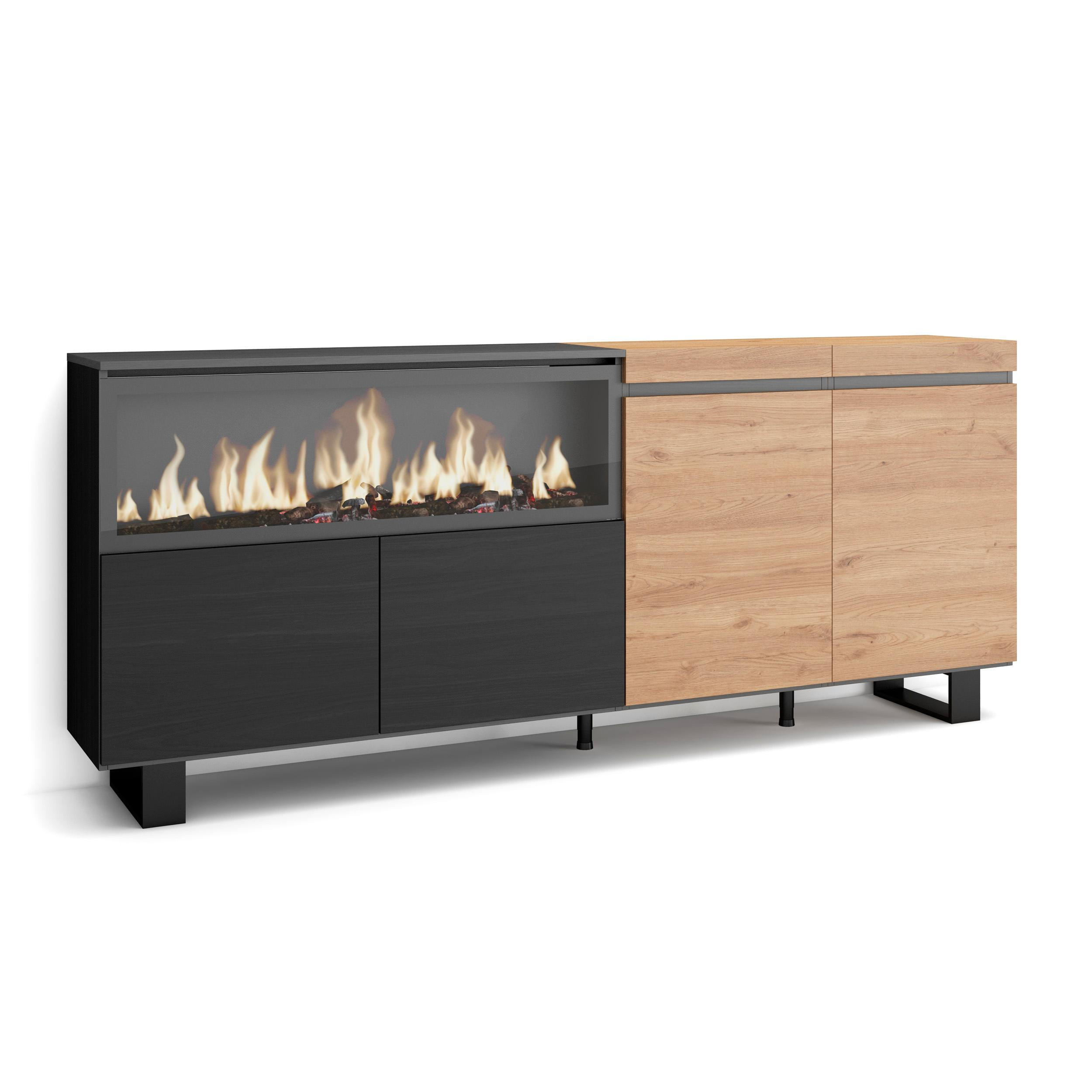 SIDEBOARD Highboard, Elektrokamin XXL, eiche, schwarz, 208/35/87cm - Eichefarben/Beige, Holzwerkstoff (208/87/35cm) - Skraut Home