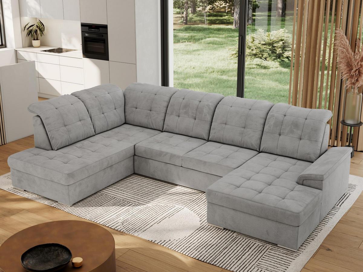 WOHNLANDSCHAFT MADRITO U - Hellgrau Velorus - Links - Silberfarben/Hellgrau, Textil/Metall (204/89/323cm) - MKS