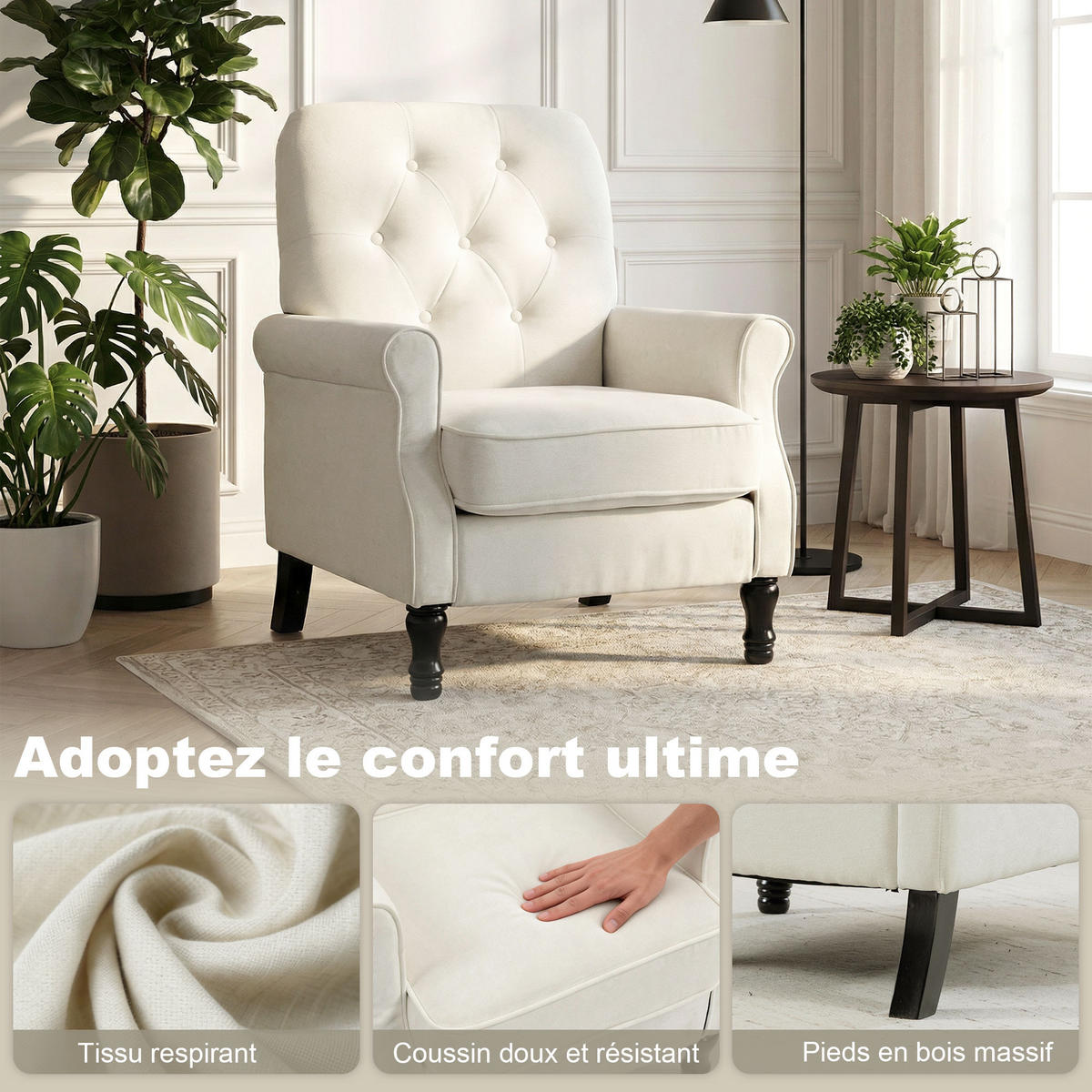 SESSEL DE-13537 mit dicker Polsterung und Federkern Creme - Creme, Textil (69/90/75cm) - ComfortXL