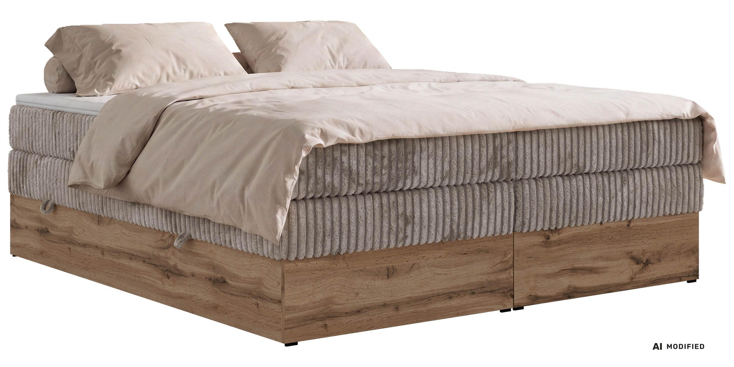 BOXSPRINGBETT WOOD ZERO KING 140/200 - Hellbraun Cord - Topper T25 - H3 - Hellbraun/Schwarz, Kunststoff/Textil (140/200cm) - MKS
