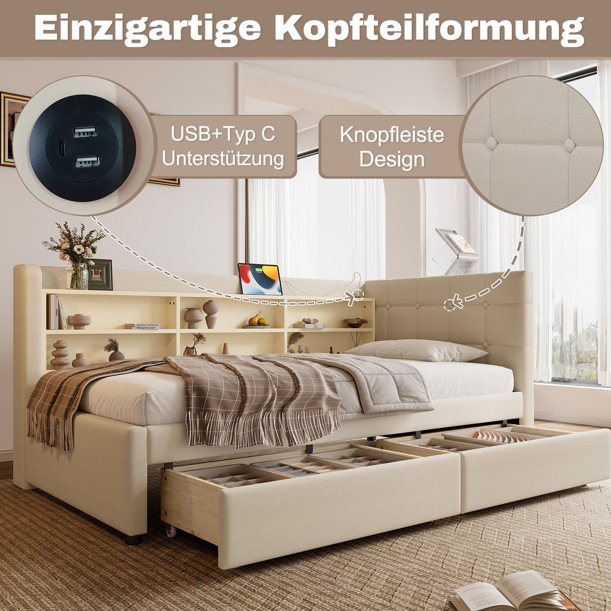 POLSTERBETT 90/200 cm aus Leinen mit 2 Schubladen, USB-C und Ablagefächern, Beige - Beige, Textil (90/200cm) - Redom