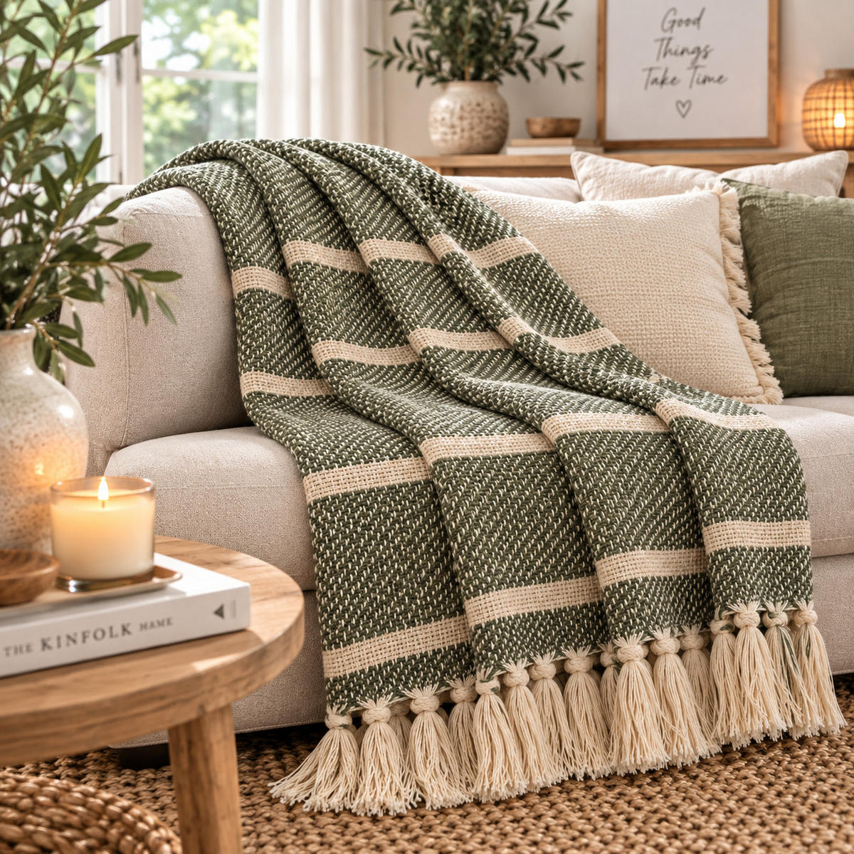 DECKE Mila 130x180 cm, 100% Baumwolle, Grün-Creme - Grün, Textil (130/180cm) - Au Maison