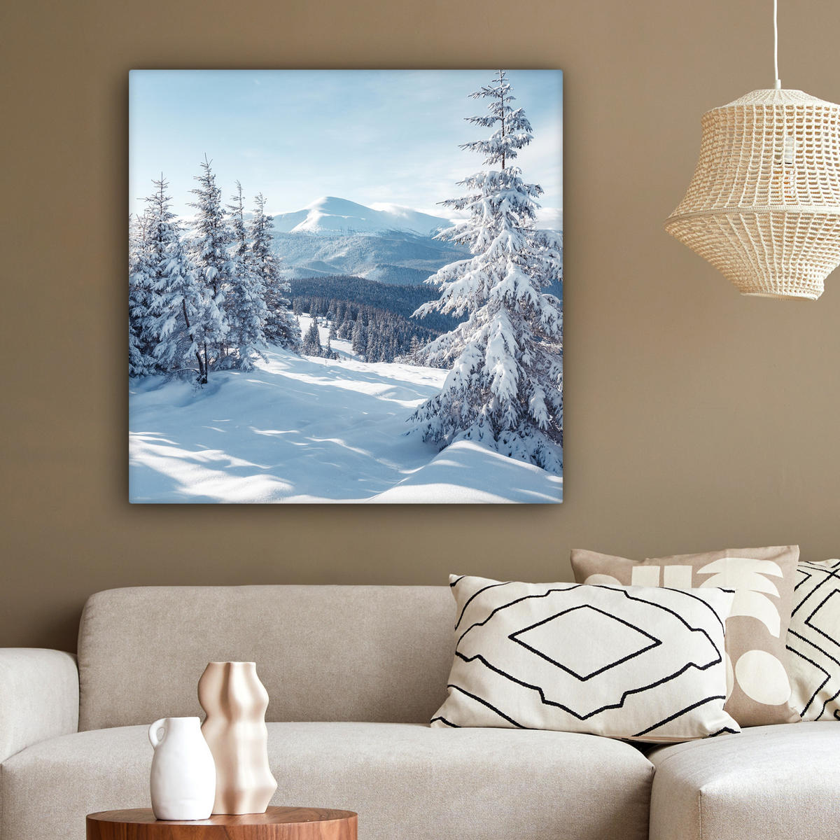 LEINWANDBILD Winterlandschaft - Natur - Berge - Bäume - Schnee 90x90 cm - Hellblau, Textil (90/90cm) - MuchoWow