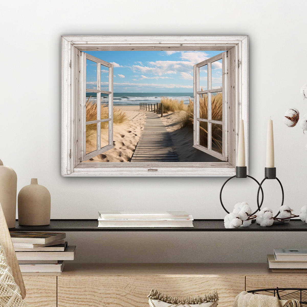 LEINWANDBILD Fenster - Meer - Küste - Natur - Ausblick - Strand - Wattenmeer 40x30 cm - Beige, Textil (40/30cm) - MuchoWow