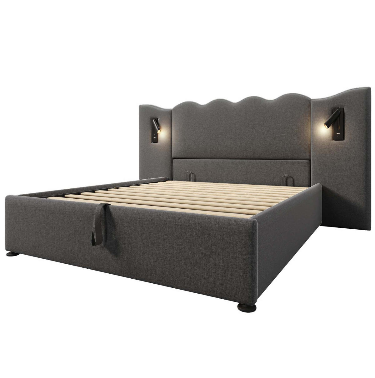 BETT mit Stauraum, Leselampe und Matratze 160x200 cm Leinen Grey - Grau, Metall (160/200cm) - Meubliv