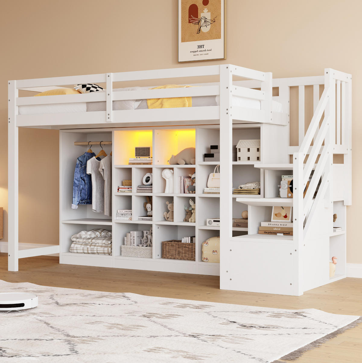HOCHBETT 90/200 cm aus Holz mit Stauraum, Kleiderschrank und LED-Beleuchtung Weiß - Weiß, Holz (90/200cm) - Modenvie