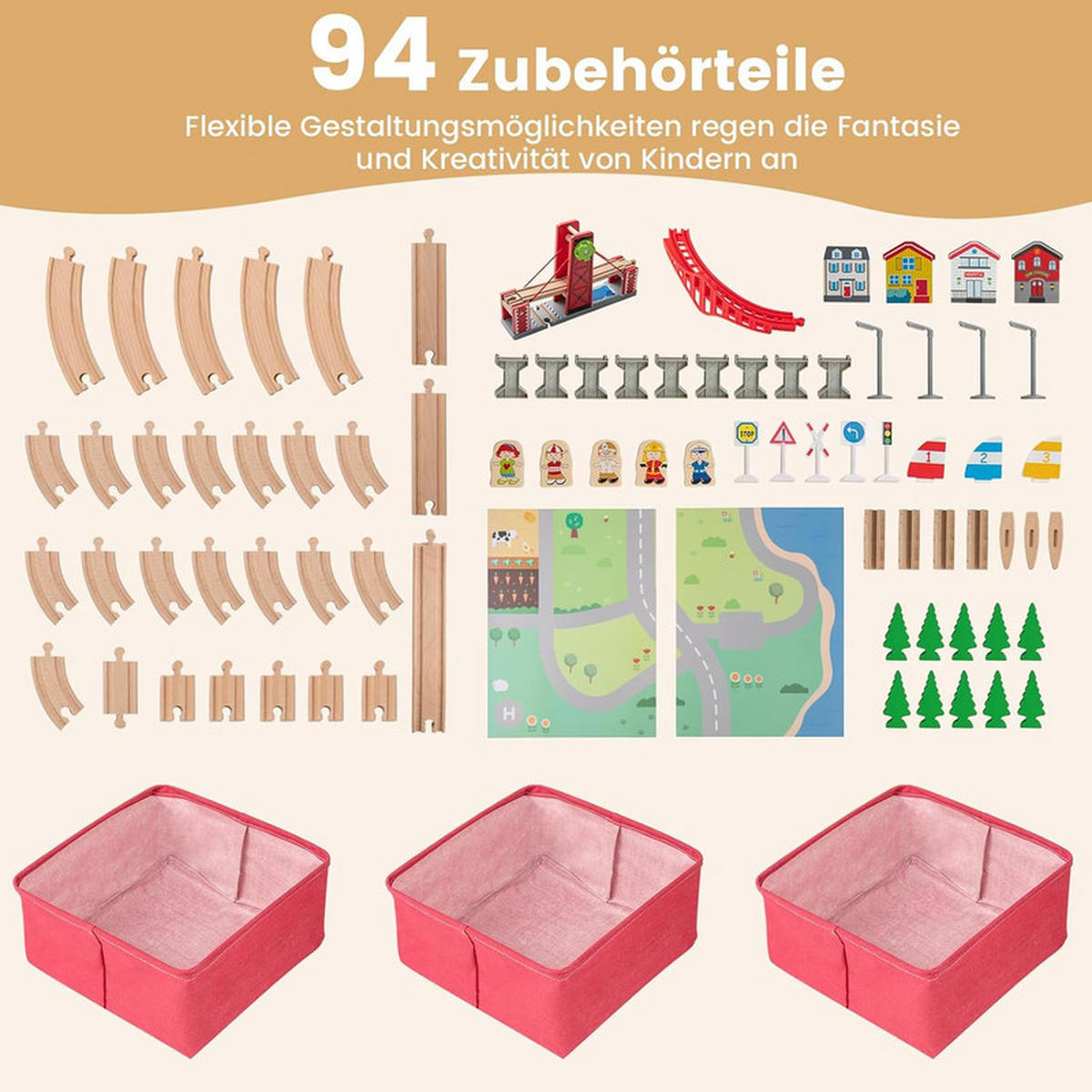 EISENBAHN‑SET aus Holz natur(94-tlg) - Naturfarben, Holzwerkstoff (92/40/64cm) - COSTWAY