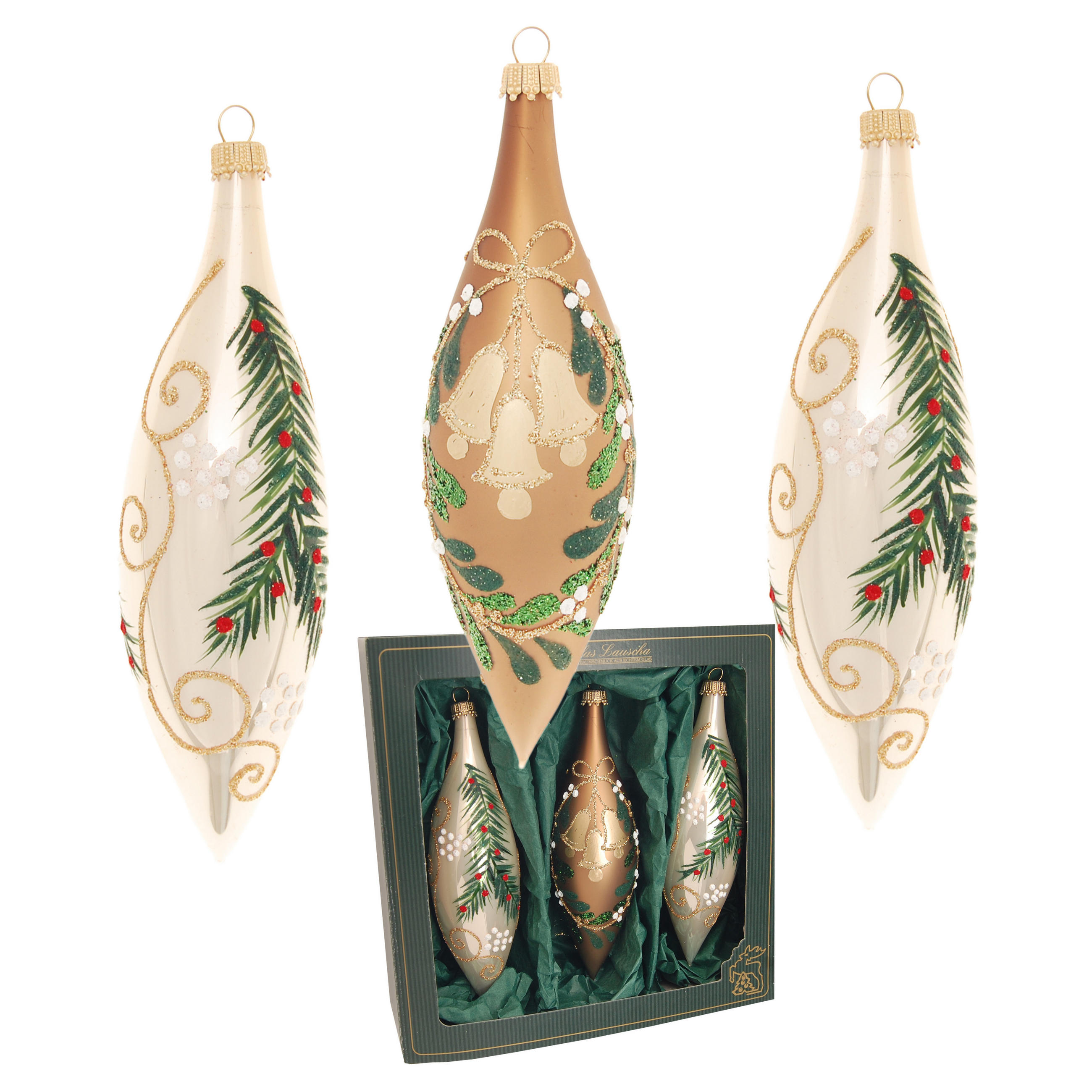 CHRISTBAUMSCHMUCK Oliven Waldweihnacht Beige 14cm (Glas / 3 Stk.) - Beige, Glas (5/14/5cm) - Krebs Glas Lauscha
