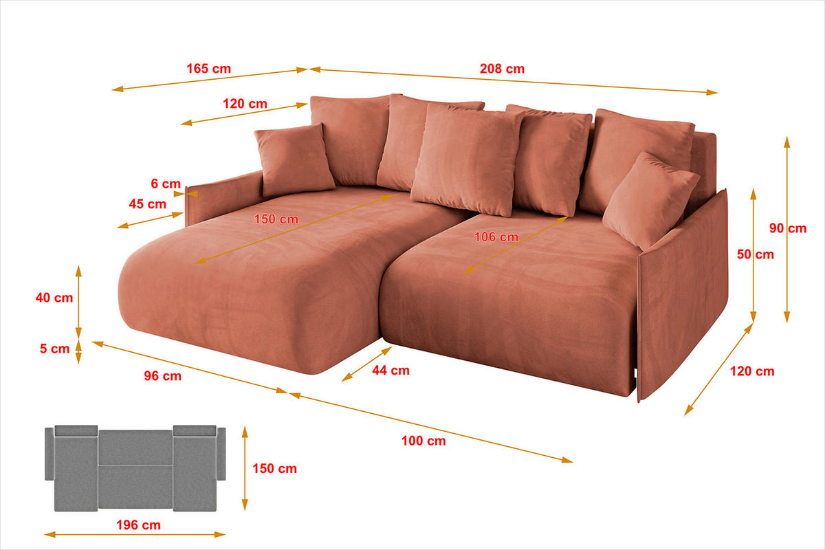 ECKSOFA mit Schlaffunktion und Bettkasten ONESK-L -v1 208x165x40 Apricot Velours - Koralle, Holzwerkstoff/Kunststoff (208/165cm) - ALTDECOR