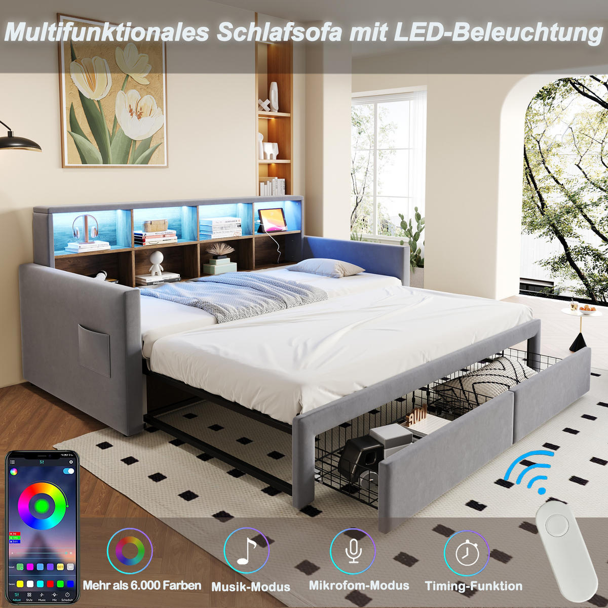 ČALOUNĚNÁ postel na spaní ze sametu, 90/190 cm světle šedá, rozkládací s LED a zásuvkami - světle šedá, textil (90/190cm) - BEAOK