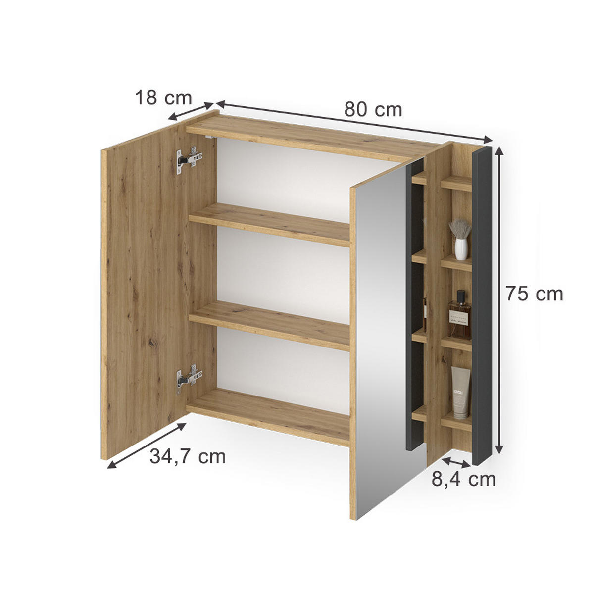 BADSPIEGELSCHRANK Edelin Anthrazit/Artisan 80 x 75 cm mit Regalen - Anthrazit/Eiche Artisan, Holzwerkstoff (80/75/18cm) - Vicco