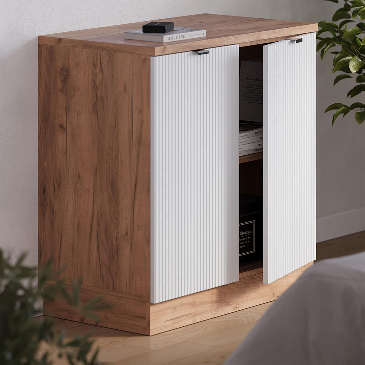 KUHINJSKA OMARA ZA POŠEVNE STREHE R-Line, Belo valovanje, 80 cm brez naklona z 2 vrati - bela/medeni hrast, leseni material (80/83.8/46cm) - Vicco