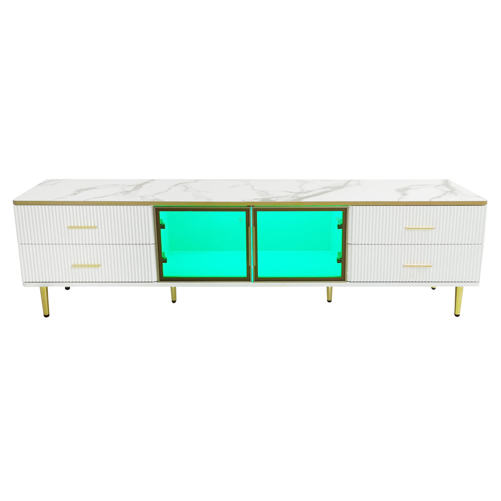 TV Lowboard Marmoroptik, goldene Griffe, Glastüren, Weiß - Weiß, Holz (170/47/37cm)