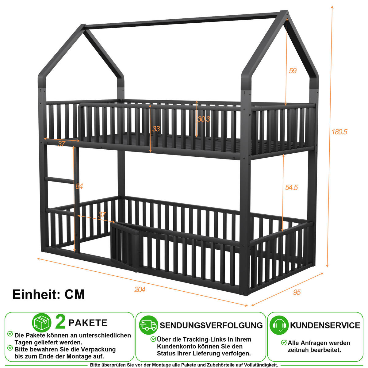 ETAGENBETT 90/200 cm in Schwarz mit Leiter und Tür aus Metall - Schwarz, Metall (90/200cm) - CHICFURN